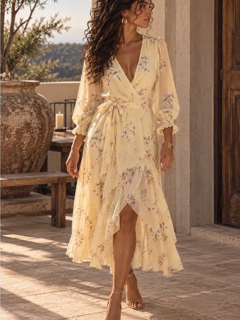 NY Collection Pale Yellow Floral Wrap Midi Dress